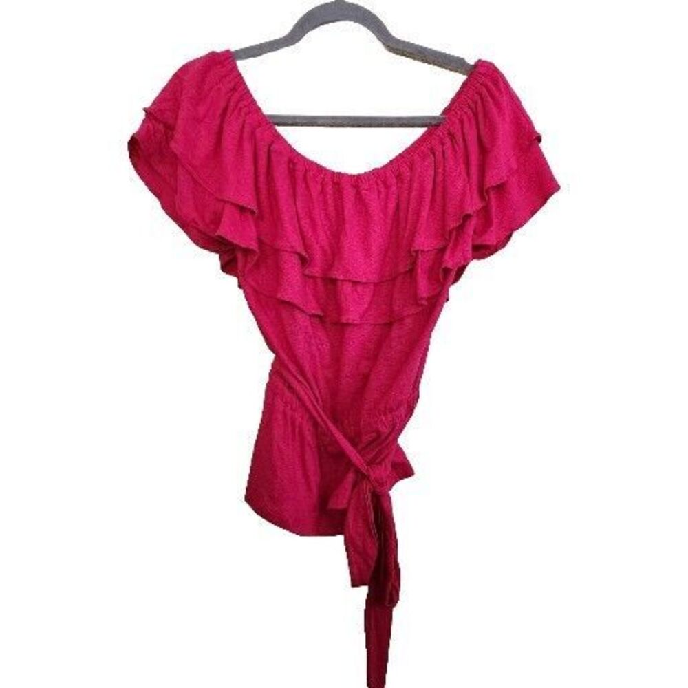 Lauren Ralph Lauren Black Label Linen Short Sleeve Ruffle Top Magenta Pink M NWT - Picture 2 of 10